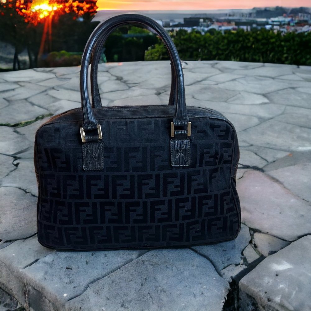 FENDI Zucchino Tote Handbag Canvas Leather Black Italy Authentic 0022-29900